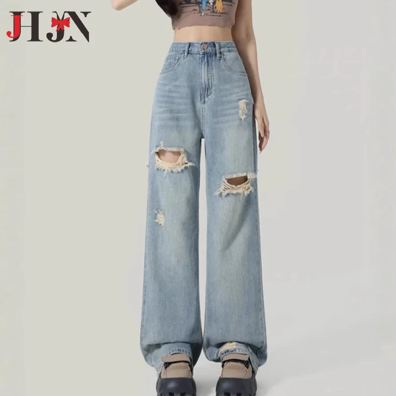 กางเกงยีนส์ทรงตรงขาดๆ สีน้ำเงินสำหรับผู้หญิง JHJN ทรงหลวม สไตล์ลำลอง เอวสูง ขาบาน ยาว ลายโครงกระดูก เหมาะสำหรับถ่ายรูปสตรีท