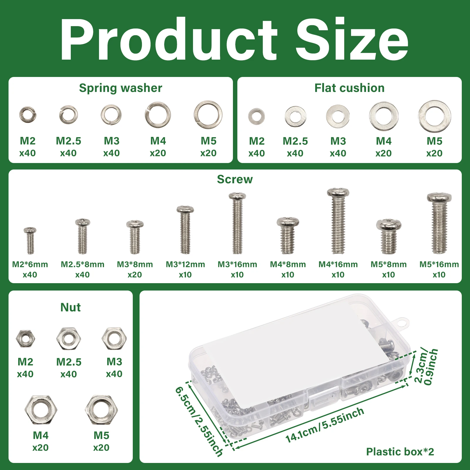 320/640Pcs Hex Screw Nut Washer Kit M2 M2.5 M3 M4 M5 Zinc Plated Iron Fasteners Assortment for DIY Projects and Workshop Repair