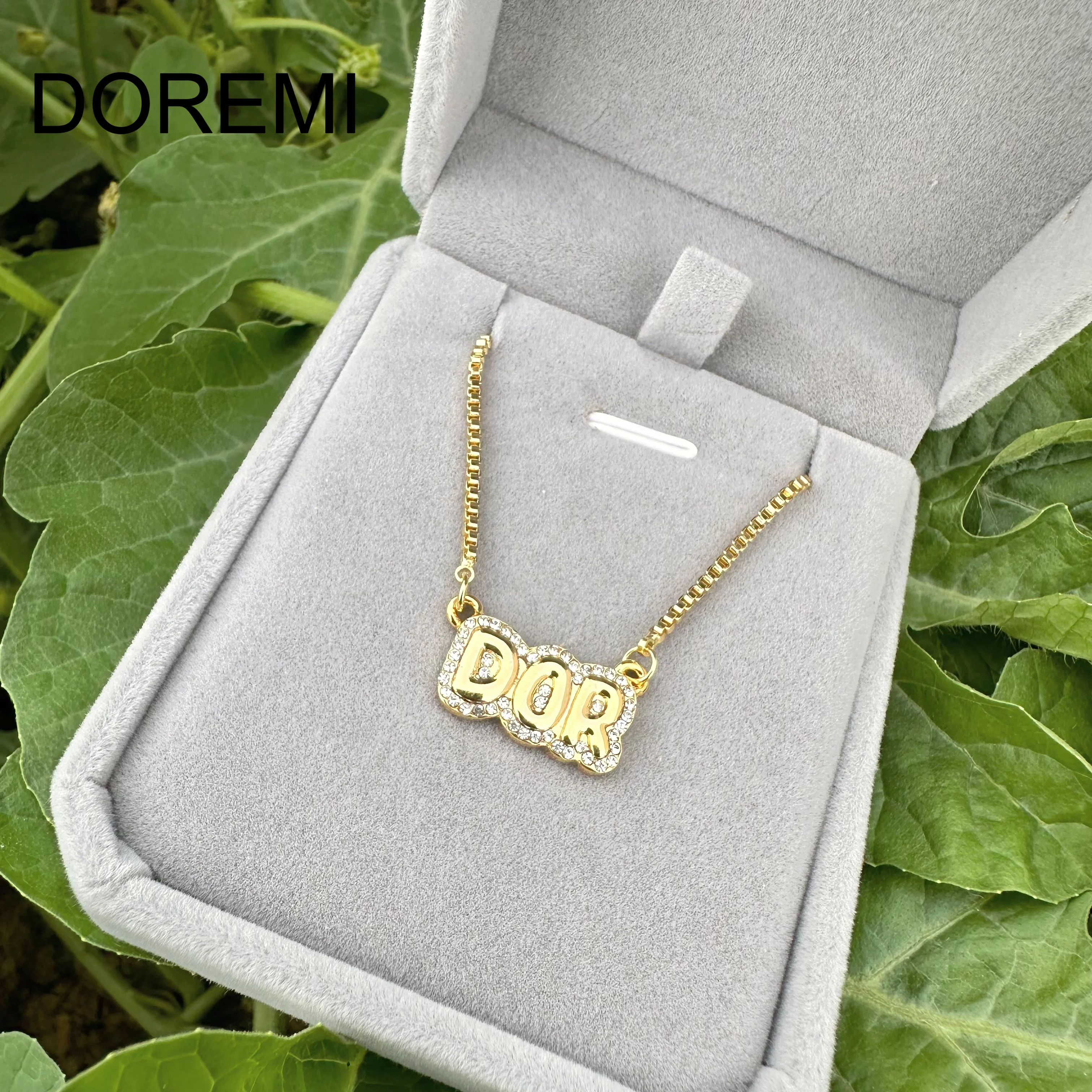 DOREMI Bubble Name Necklace Gold Plated Double Layer Metal Crystal Name Necklace Bubble Letter Custom Necklace Jewelry