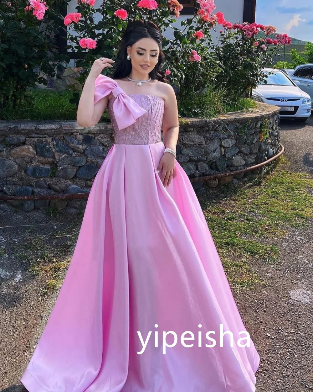 Customized Modern Style Bow A-line One-shoulder Long Dresses Prom Dresses  Pastrol Unisex Chinese Style Formal Casual Simple Ret