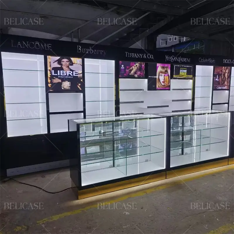 customized.Design Perfume Cosmetic Morden Mall Tester Counter Showcase With Led Lamp Perfume Display Showcase Fir Store