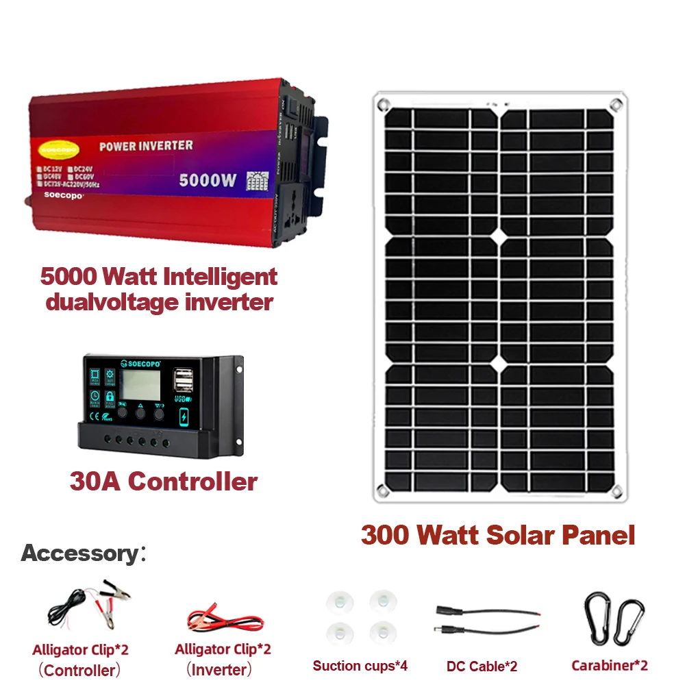 5000W Solar Kit Dual Spannung 5000W Inverter LCD Dual Outlets DC 12V24V zu AC220V 300W Solar Panel 30A Controller Hause Camping RV