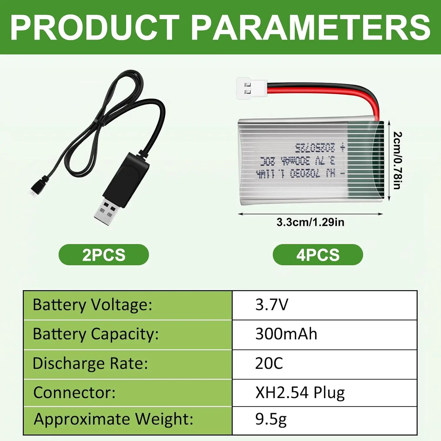 3.7V 300mAh Lipo Battery with 2PCS USB Charger Cables XH2.54 Plug for RC Drone Quadcopter Helicopter Aircraft Car Spare Parts