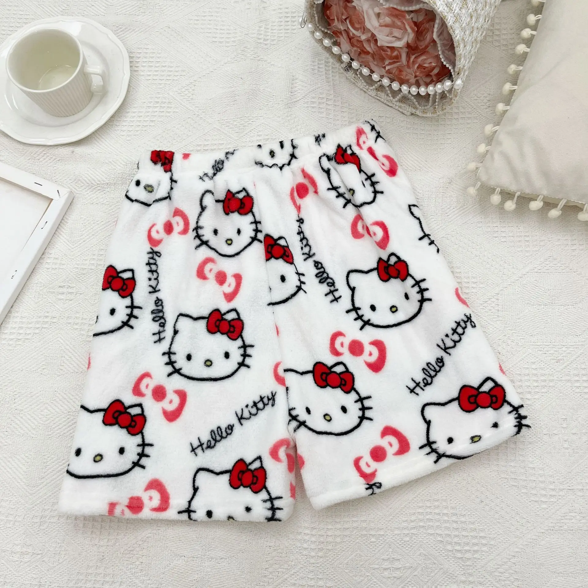 Sanrio Hello Kitty Anime Kawaii Flannel Pajamas for Women Warm Wool Cartoon Casual Home Pants Autumn and Winter Fashion Shorts