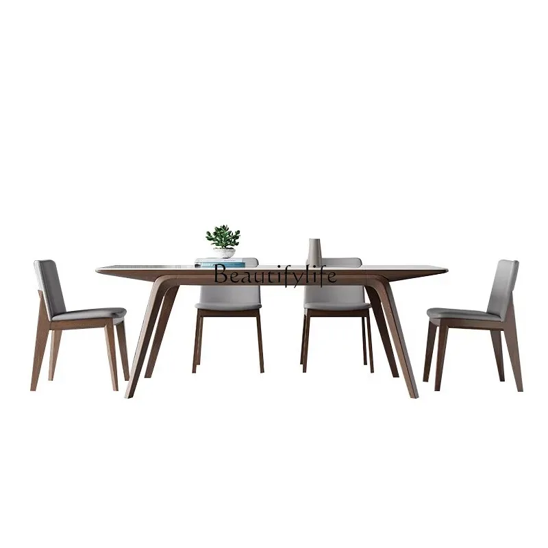 

2Solid wood rock slab dining table Modern simple imported ash wood Solid wood legs Matte white rock slab