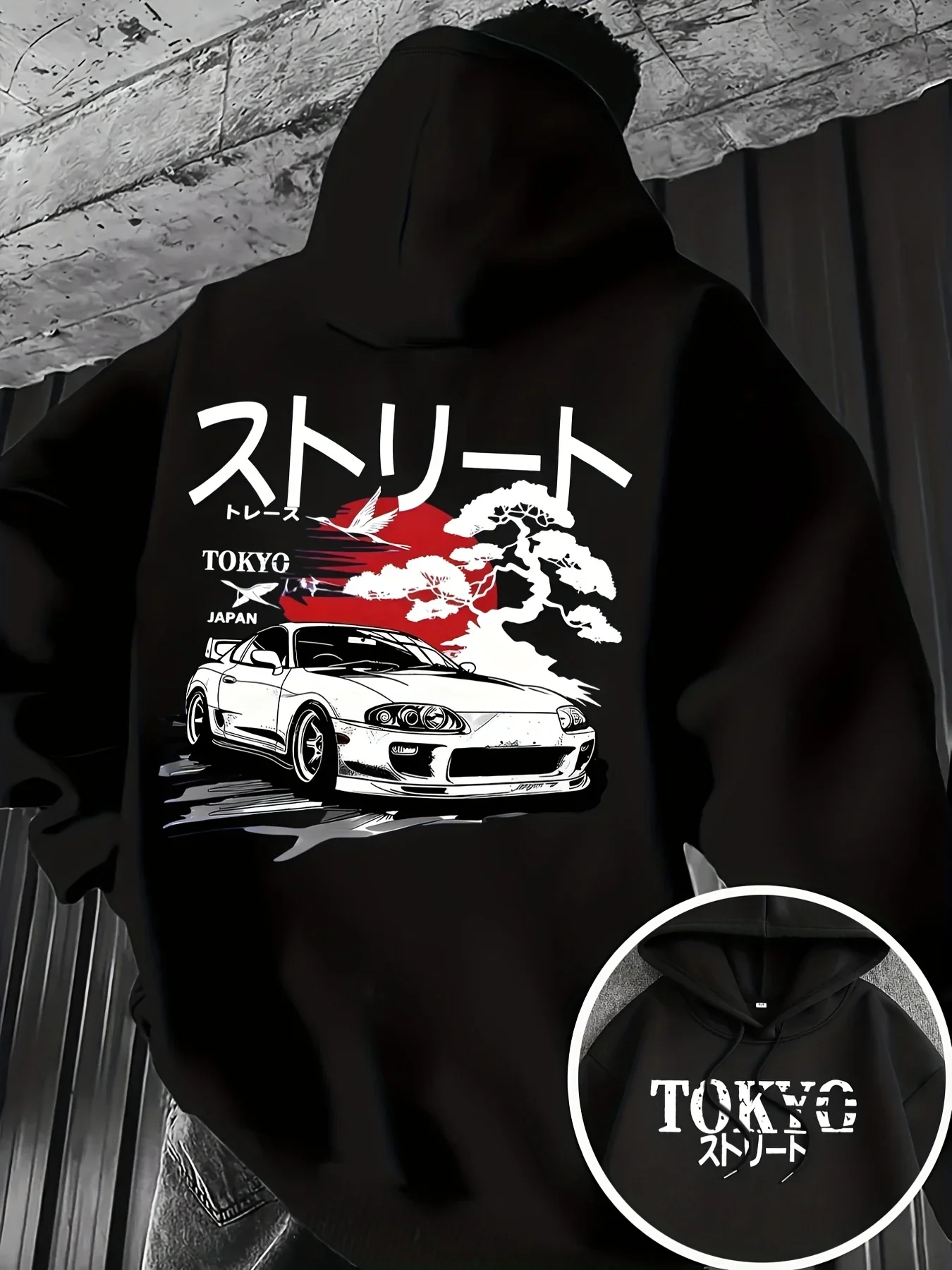 Retro Japanese JDM Street Racing Car Tokyo Letter Front And Back Graphic Hooded Sweatshirt Unisex Casual Loose Pullover