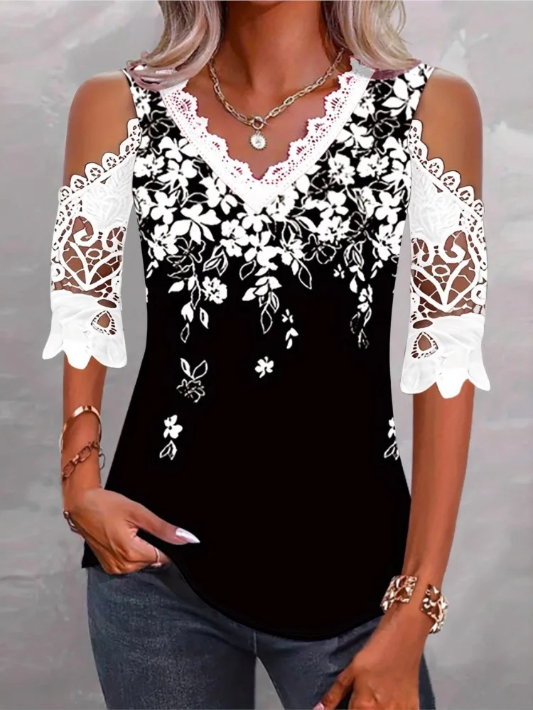 Lace Hook Flower Hollow T Shirt Lady Fashion Print Short Sleeve Off Shoulder V Neck Tshirts Tops For Women Casual Holiday Boho