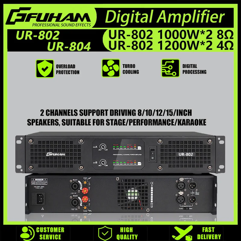 FUHAM UR802 Digital Power Amplifier 1000W 2-Channel 8-Ohm Audio, for Disco, Subwoofer Speakers, Stage, Digital Amplifier