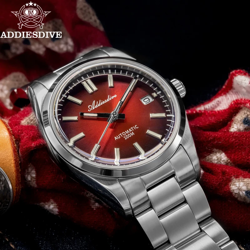 ADDIESDIVE Watch New Sappire Red Gradient Sunburst Dial Luxury NH35 Automatic Watch AD2071 Waterproof 100m Dress Men Wristwatch