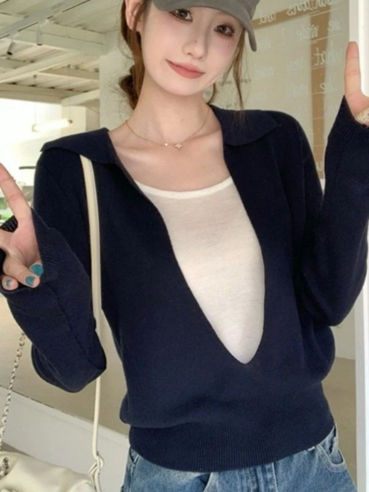 Color Block Long Sleeve U-Neck Shirt Women's Spring Fashion Layering Slimming Casual Versatile Top Fake Two-Piece Design