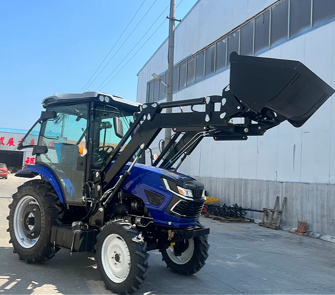 Affordable 4x4 50HP Compact Agricultural Tractor Equipped with A Loader Bucket and Cab.