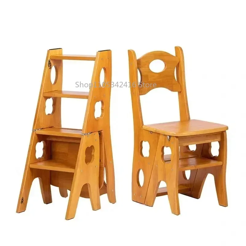 Solid Rubber Wood Folding Step Stool, Modern Multi-Purpose Non-Slip Household Ladder for Kitchen Home Daily Use
