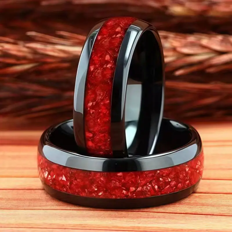 Ruby Red and Black Tungsten Wedding Band, 8Mm Mens Ring, Crushed Red German Glass Stones Polished Unique Band