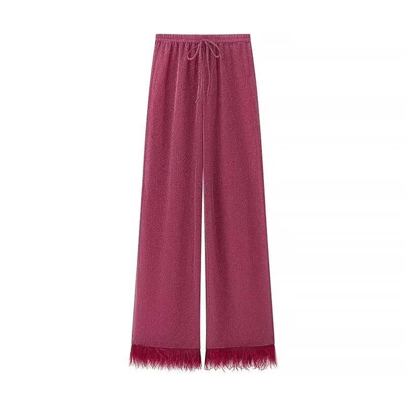 TRAFZA Autumn Female Elastic Waist Drawstring Feather Decorate Solid 2-color Pant Women Niche Design Wide Leg Long Pants Mujer