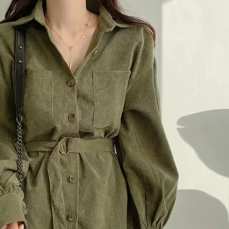 New Women's Spliced   POLO Collar Buttons Fashionable Slim Spring and Autumn Shirt Dress