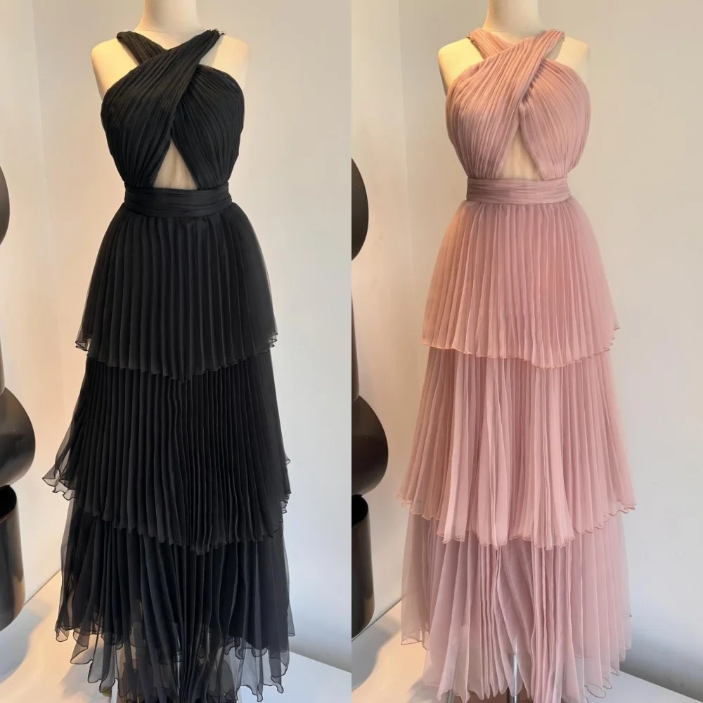 

Customized Chinese Style Chiffon Pleat A-line Halter Midi Dresses Evening Dresses Formal Casual Simple Retro Fashion Elegant Hig