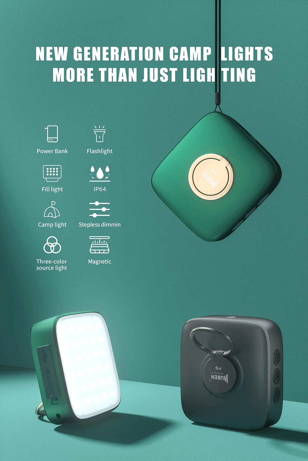 WUBEN F5 wiederaufladbare Campingleuchte, 500 Lumen, multifunktionale, wasserdichte, tragbare Außenleuchte mit mobilen Powerbank-Funktionen – Detail 1