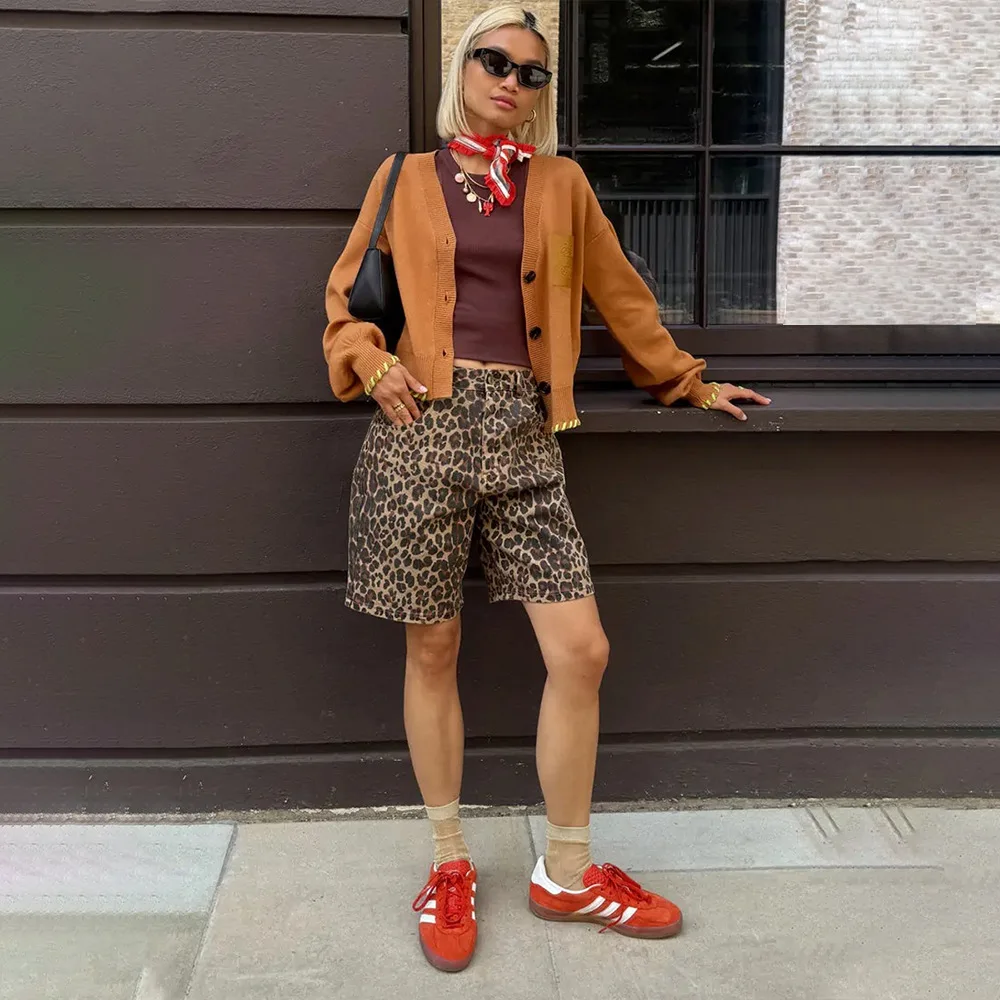 Pure Cotton Leopard Print Shorts Europe and America 2025 Spring and Summer Fashion Pants Street Leopard Print Shorts Women