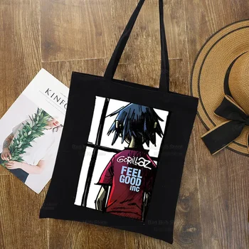 Gorillaz Modern Music Band Cartoon Large Women's Shopper Bag Canvas Tote Shoulder Bags Shopping Bag Black Cloth Handbags Eco