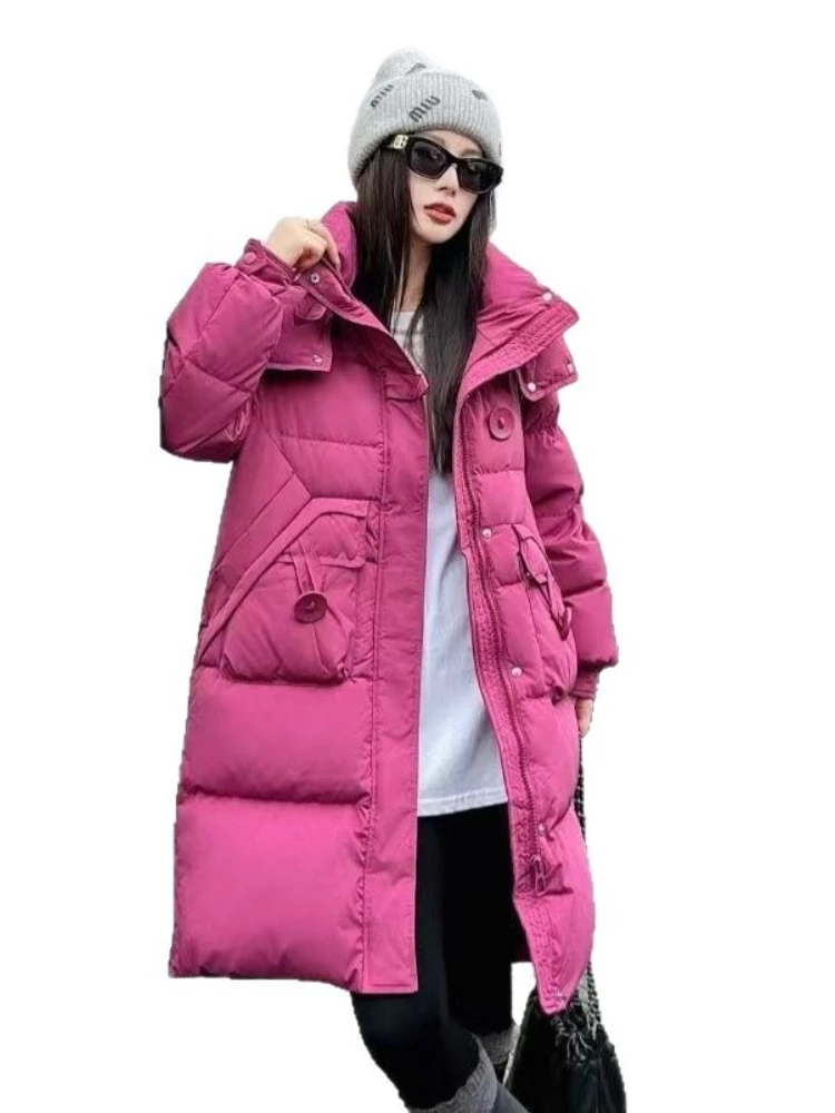 Women Down Jacket 2025 New Winter Parkas Fashion Casual Hooded Thick Mid-Length White Duck Puffer Coat Tops Female Outerwear