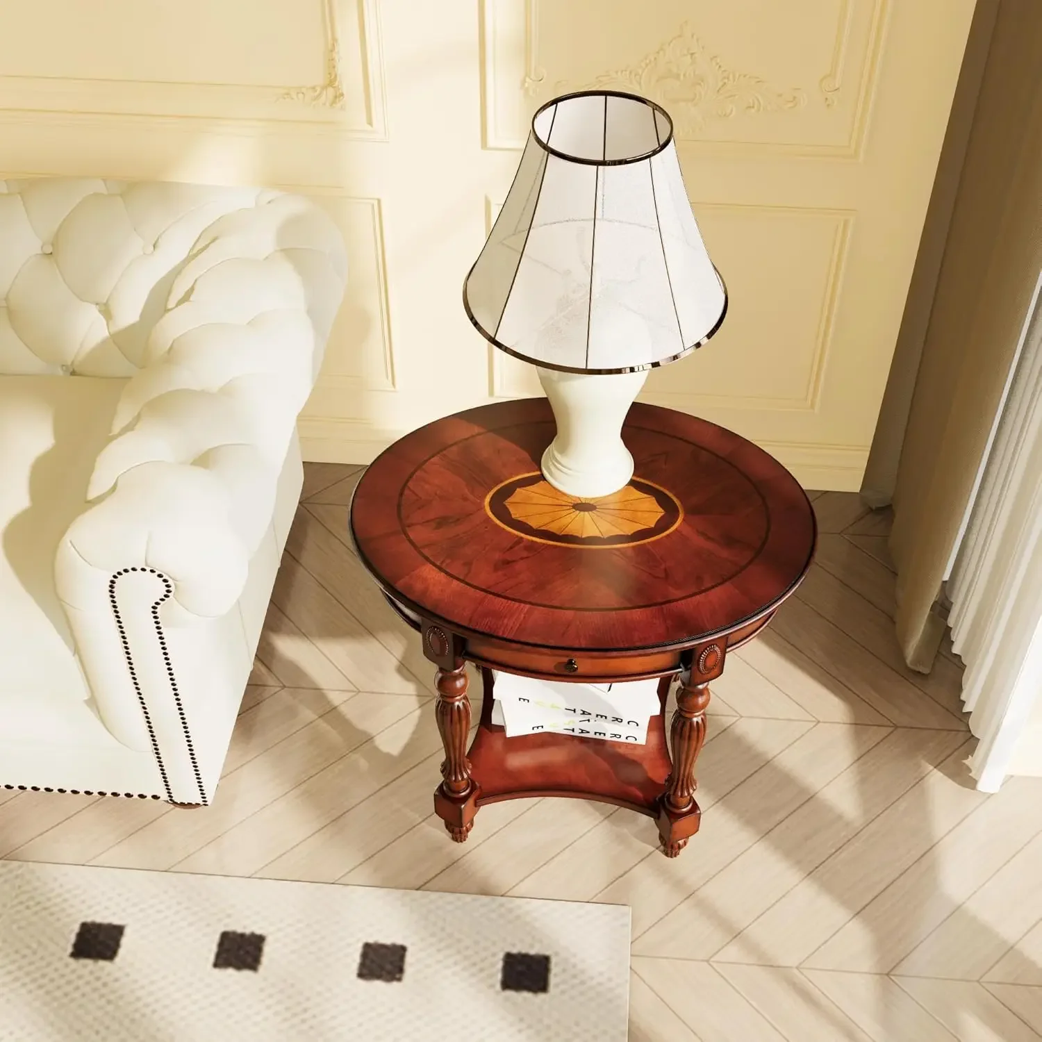 Solid Wood End Table with Drawer, Oval Sofa Side Table, Storage Shelf, Living Room Corner Table, Nightstand