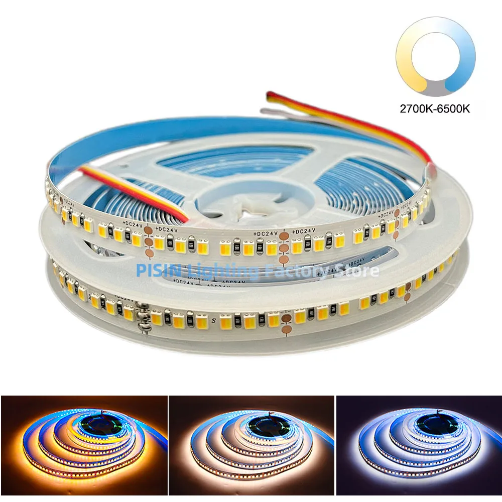 

Светодиодная лента SMD 2835 CCT, 5 м, DC12V/24V, 5 мм/8 мм, PCB, 120/180 светодиодов, гибкая, диммируемая, 2-в-1 WW/CW, 2700-6500K, лампа-полоса