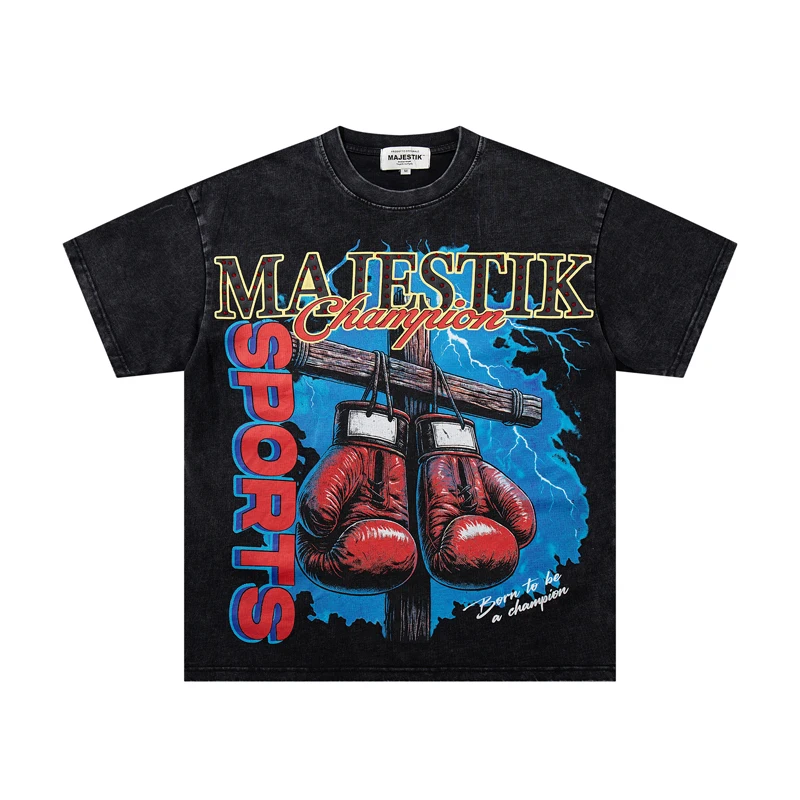 Hip Hop Trend Majestik T-shirt Boxing Gloves Pattern Tops High Quality Rhinestone MAJESTIK Short Sleeve