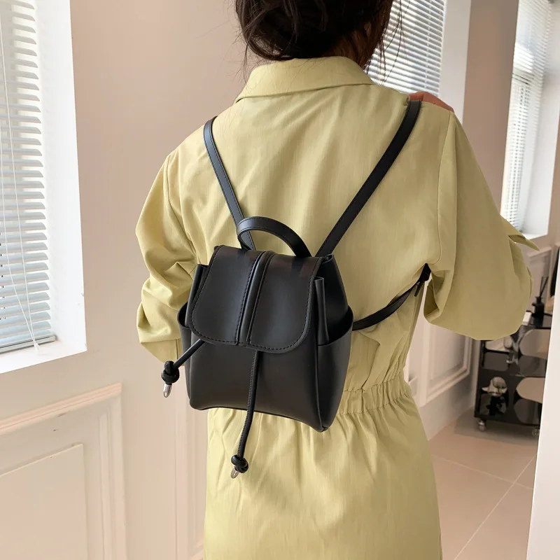 Soft PU Double Shoulder Backpack Women Korean Fashion Casual Solid Color Simple Mini Backpack Drawstring Buckle Cute Backpack