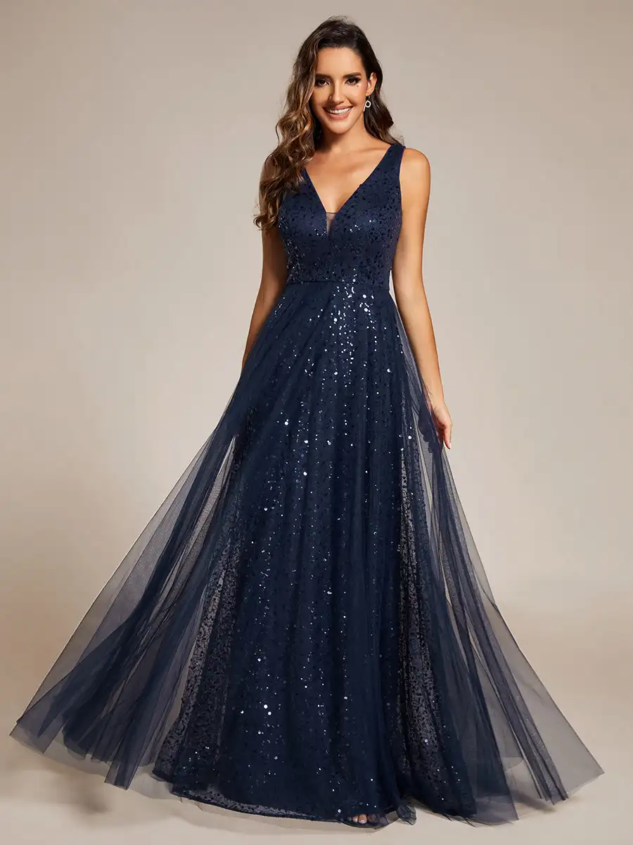 Gorgeous Evening Dresses V-Neck Sleeveless High-Waist See-Through Sequin Tulle 2025 Ever Pretty of Navy Blue Bridesmaid Dress