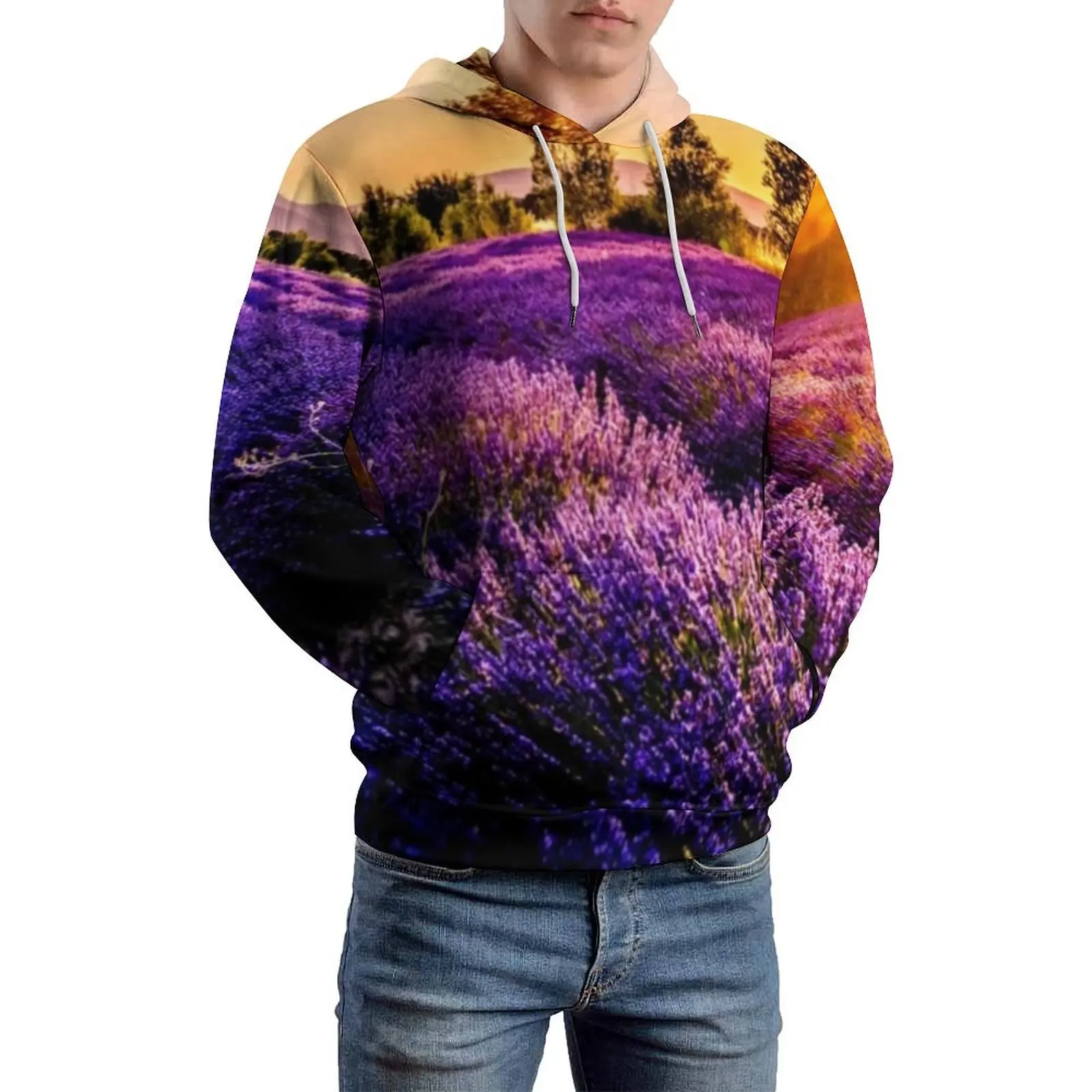 

Lavender Field Casual Hoodies Male Nature Art Print Aesthetic Custom Sweatshirts Winter Long Sleeve Street Wear Oversize Hoodie