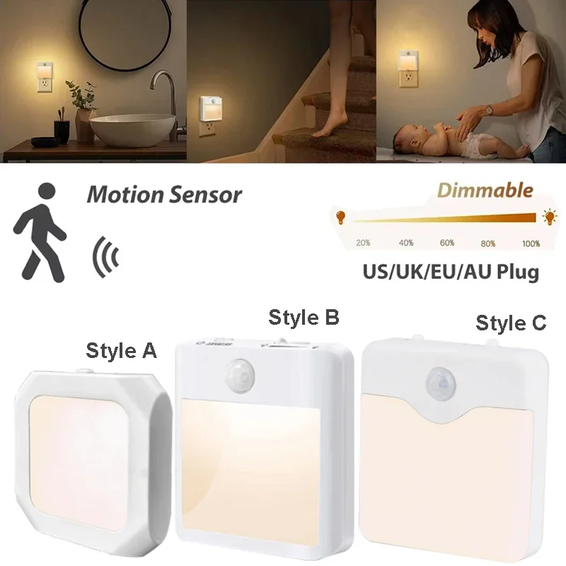 Veilleuse LED avec détecteur de mouvement sans fil, prise US EU UK AU, lumières à intensité variable pour chambre à coucher, éclairage de couloir