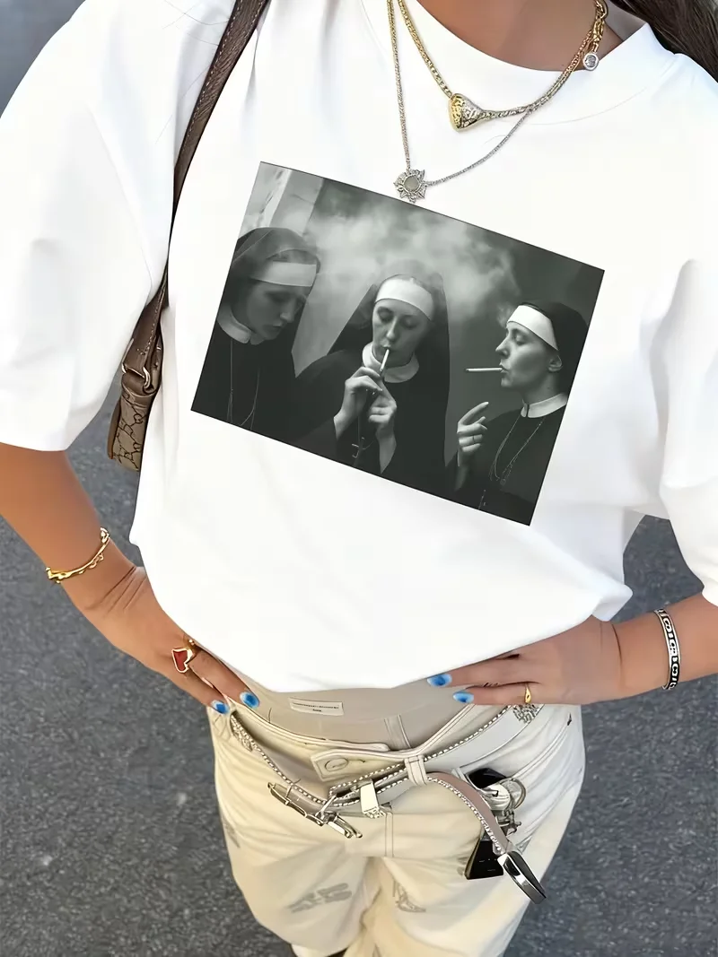 Funny Overstimulated Horse Meme Chonky Pigeon & Smoking Nuns Graphic T-Shirt Viral Meme Oversized Casual Tops