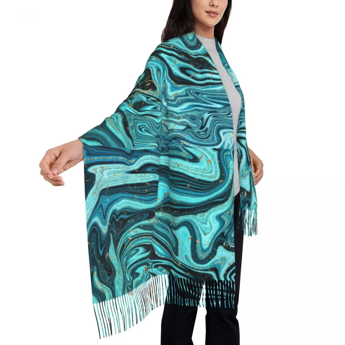 Blue Gold Swirls Scarf Tassel Modern Abstract Warm Soft Shawls and Wraps Unisex Scarves Wraps Winter Luxury Brand Bufanda Mujer