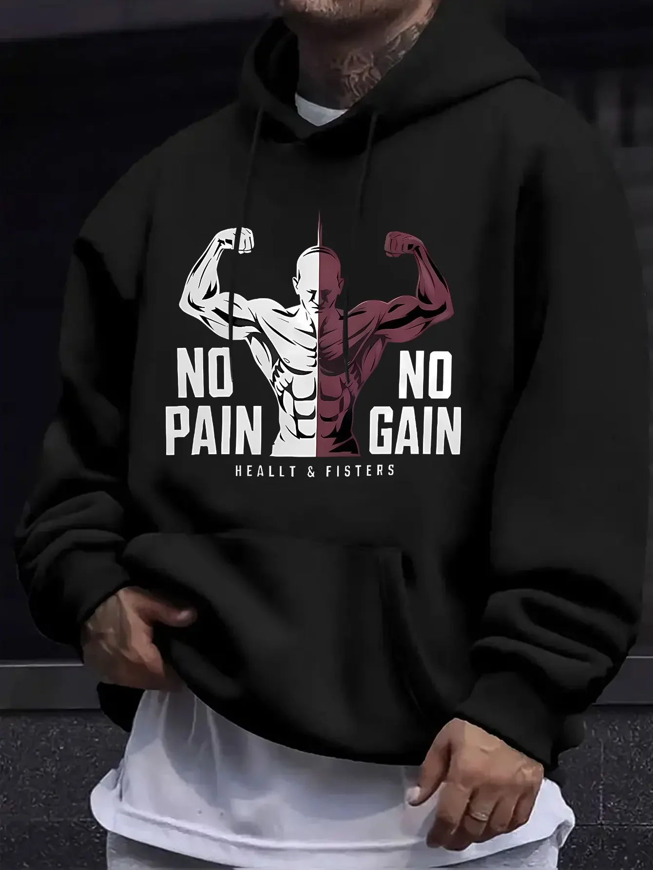 Moletom Masculino No Pain No Gain para Academia, Estampa Gráfica Frontal para Culturistas, Streetwear para Treino, Pulôver Solto, Outono Inverno, Flee