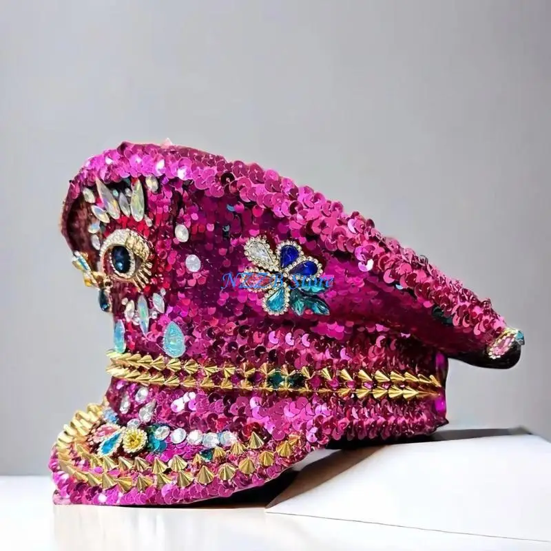 T21F Sombrero capitán con diamantes imitación coloridos incrustados con diamantes imitación para mujer, ropa fiesta,