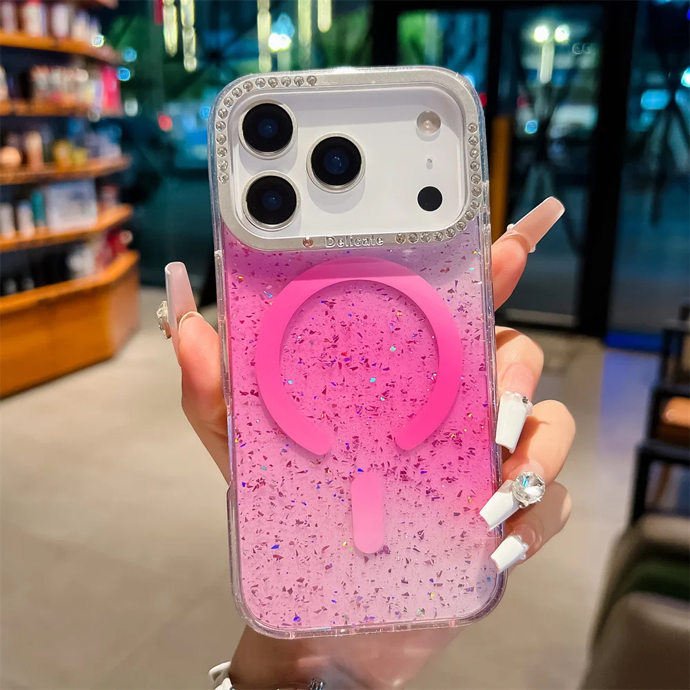 Чехол Magsafe с градиентом ярких цветов и бриллиантами для iPhone 17 Pro Max, блестящая серебряная фольга, гелевый чехол Funda iPhone Air Чехол Magsafe с градиентом ярких цветов и бриллиантами для iPhone 17 Pro Max, блестящая серебряная фольга, гелевый чехол Funda iPhone Air