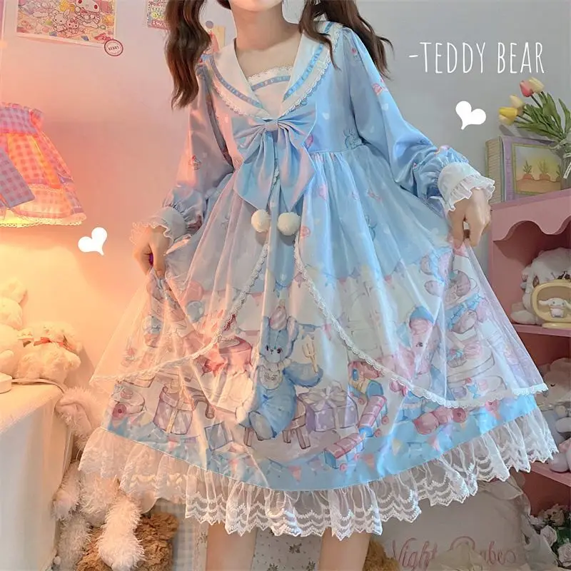 Women Casual Long Sleeve Lolita Kawaii Dress Bow Bear Lace Blue Princess Dresses Japanese French Maid Uniform Party Prom Costume