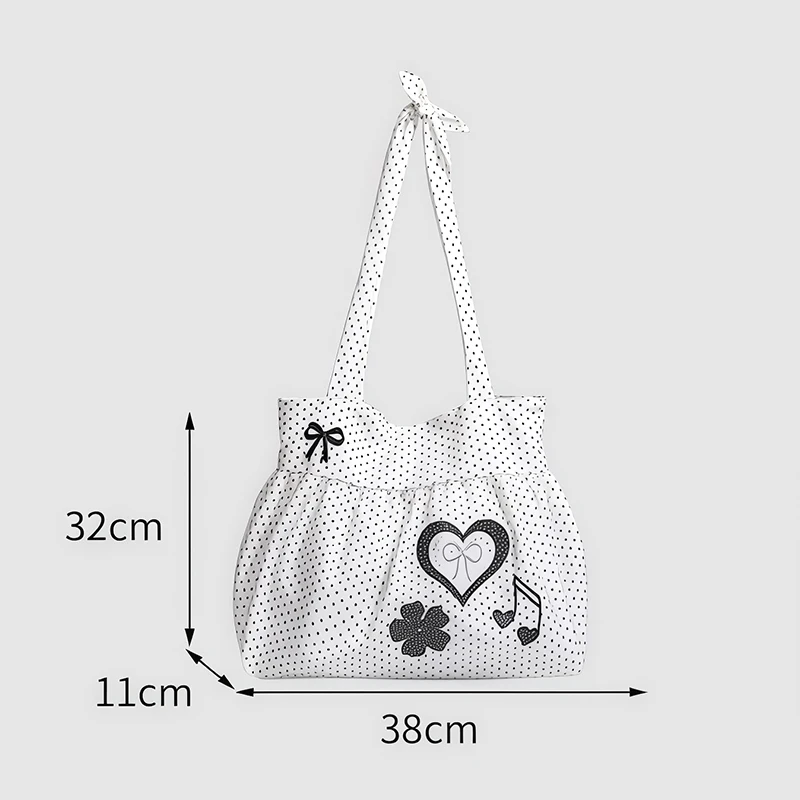 Korean Polka Dot Shoulder Bag Women's Nylon Tote Bag Cute Bow Love Note Printed Tote Bag Skirt Design Magnetic Buckle Armpit Bag image 6