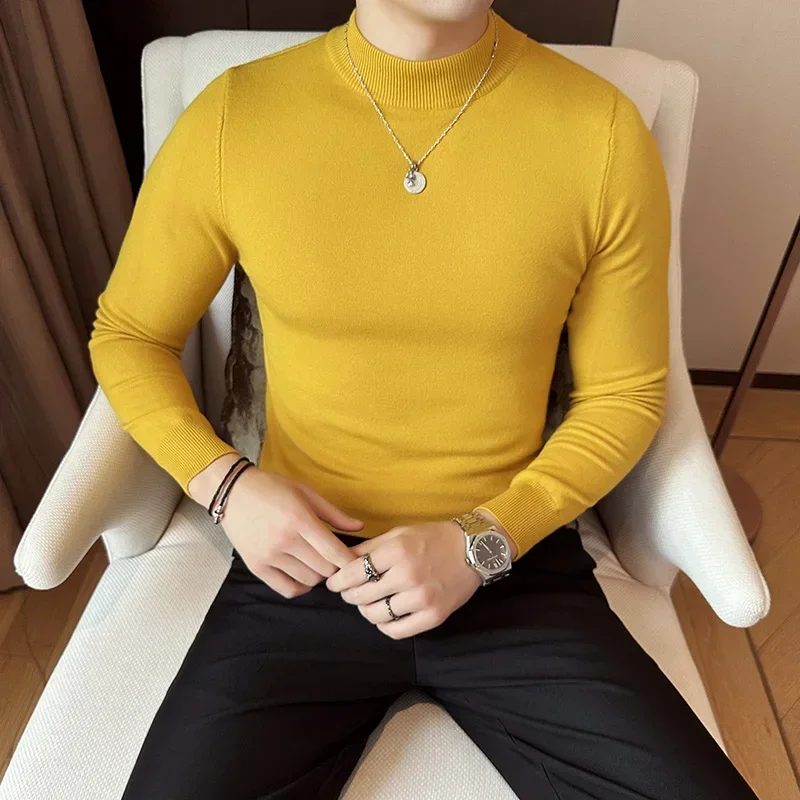 팝 가을 겨울 느슨한 캐주얼 모의 목 스웨터 남성 패션 니트 풀오버 남성 솔리드 컬러 따뜻한 하라주쿠 뜨개질 스웨터 Ma