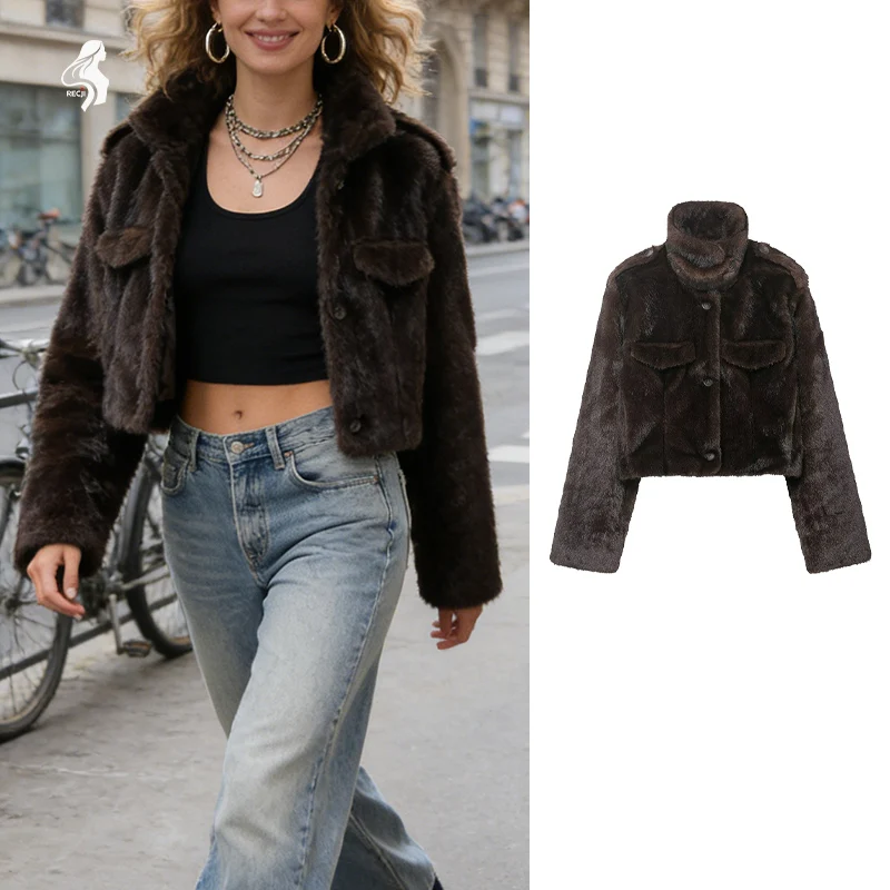 

Women's Brown Faux Fur Cropped Jacket, High Neck Button-Front Teddy Coat with Pockets, Fashion Winter Warm Outerwear