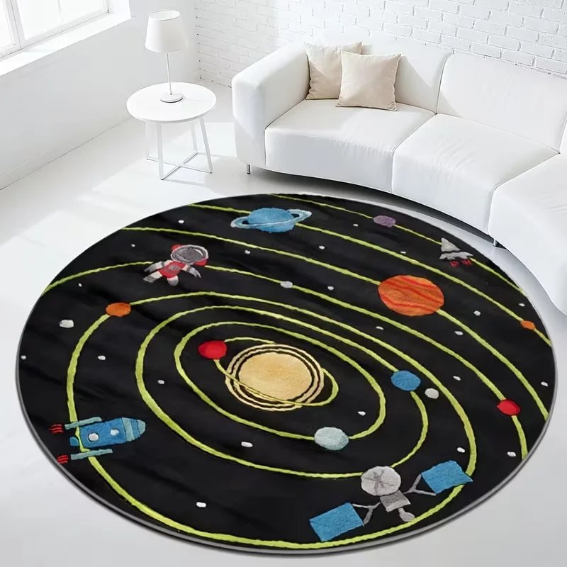 Space Solar System Astronaut Round Rug Non Slip Soft Carpet Galaxy Planet Print Kids Play Mat for Bedroom Playroom Living Room