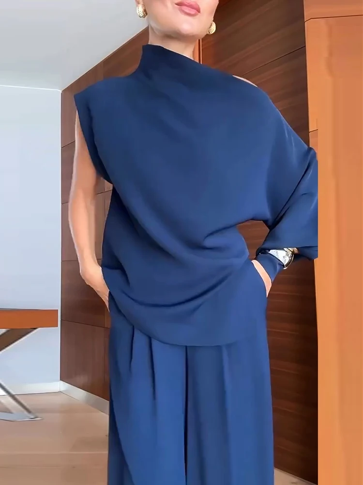New Autumn Off Shoulder Commuting Outfit Simple Solid Casual Suit Ladies Diagonal Collar Long Sleeved Top and Wide Leg Pants Set