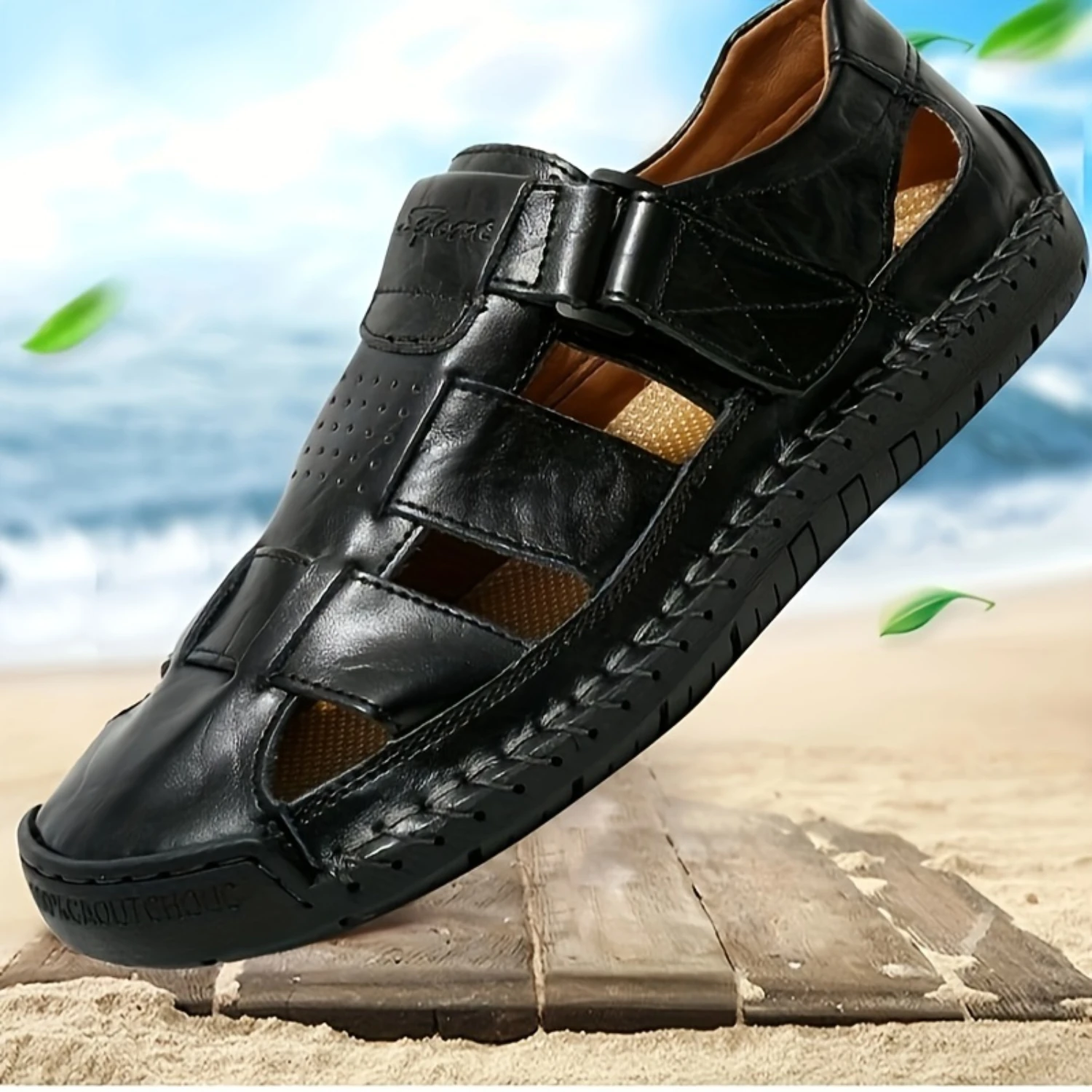 Plus Size Mens Top Grain Leather Close Toe Breathable Sandals, Comfy Non Slip Durable Beach Water Shoes For Mens Outdoor Activ