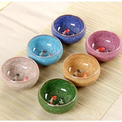 Creative 3D Ceramic Kung Fu Tea Set Embossed Pisces Koi Ice Cracked Glazed Travel Tea Bowl Chinese Porcelain Tea Cup Set