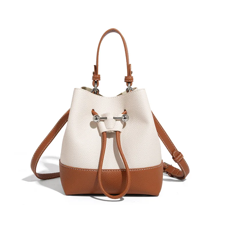 

Senior Sense Retro Hit Color Small Bucket Shoulder Bag for Women's New Crossbody Bag Summer PU Leather String Tote Bags Purses
