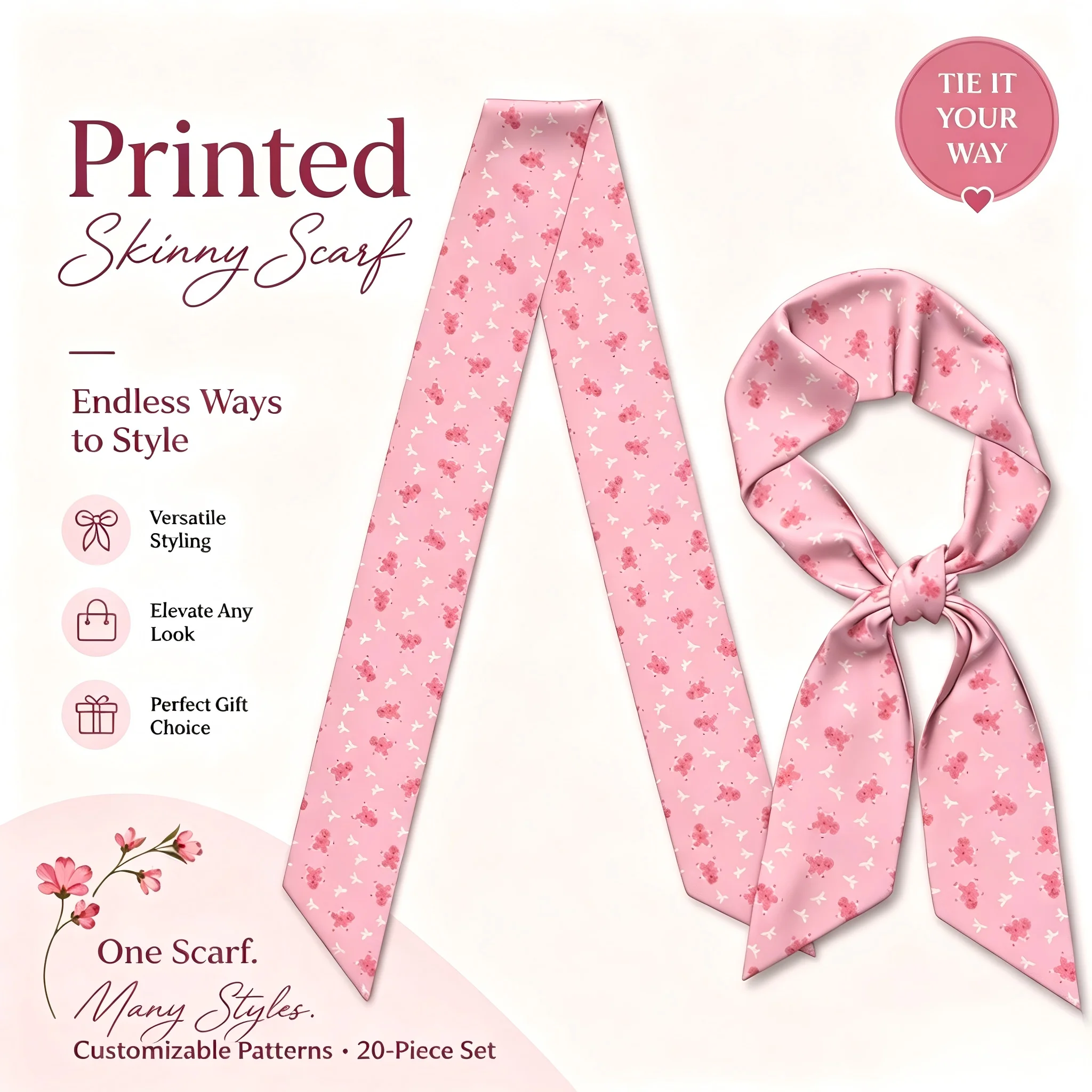 Custom 20Pcs Personalized Bag Scarf 128x7.6cm Machine Washable Elegant Hairband Neck Tie for Team Events Party Favors