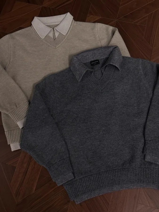 الأمريكية الرجعية الخامس ني طوق تريكو الرجال Sle الخريف الشتاء كلينفيت الراقية الشعور وهمية قطعتين محبوك سترة معطف #1