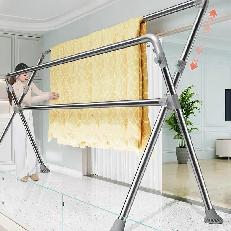 Mobile Double Rod Floor Drying Rack Simple Drying Rack Double Rod Non-punching Lifting Adjustment Telescopic Rod Drying Rack