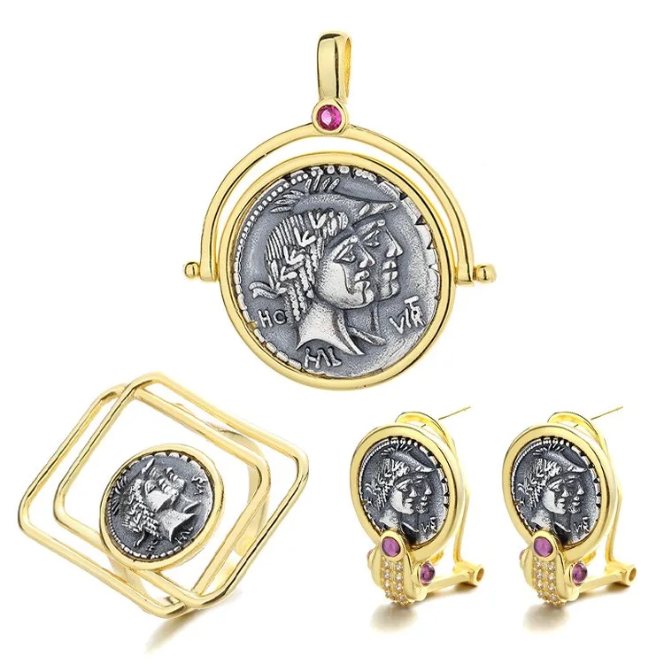 

RYYY ZFSILVER 925 Silver Honos Virtus Retro Gold Ancient Coin Set Earring Ring Pendant Without Chain Women Wedding Jewelry Gifts