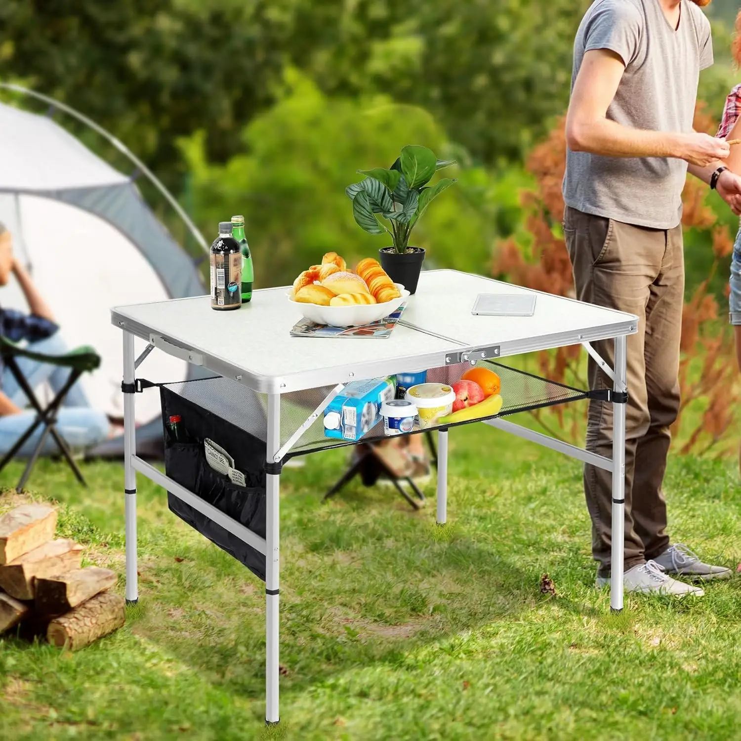 Folding Table 3 Feet Adjustable Height, Lightweight and Portable Aluminum Hexagonal Legs Camping Table with Mesh Layer